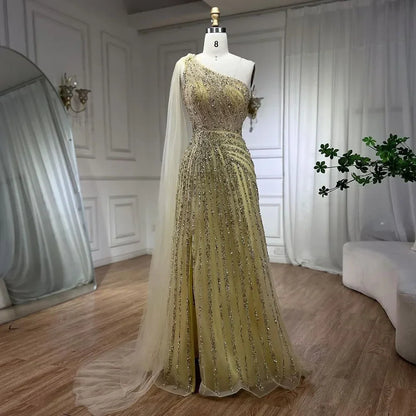 One-Shoulder Cape Sleeve Beaded Evening Dresses