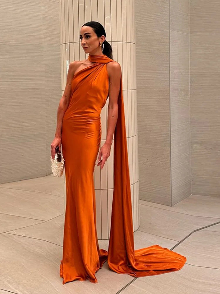 Satin Ribbon Halter Backless Maxi Dress
