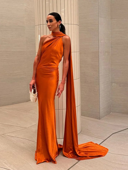 Satin Ribbon Halter Backless Maxi Dress