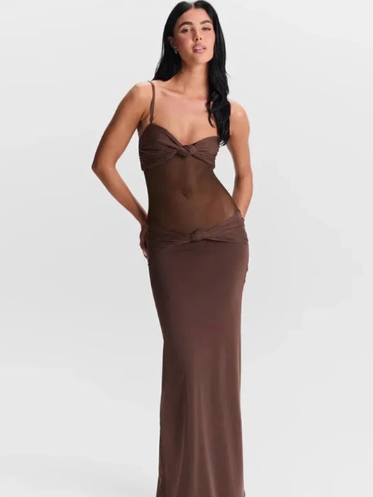 Twist Suspender Mesh Splice Maxi Dress