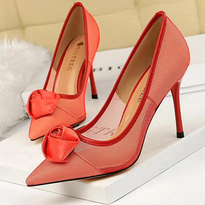 Sexy Party Rose Flower Woman Pumps with Mesh Hollow High Heels