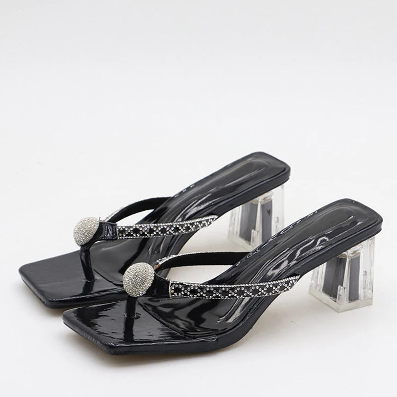 Glitter Rhinestones Transparent Low Heels Slippers Crystal Strap Sandals for Women