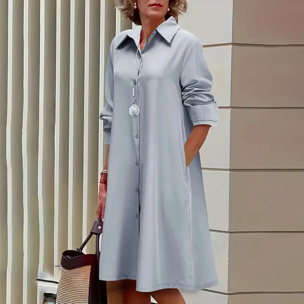 Collared Long Sleeve Button Down Patch Pocket Midi Shirt Dress