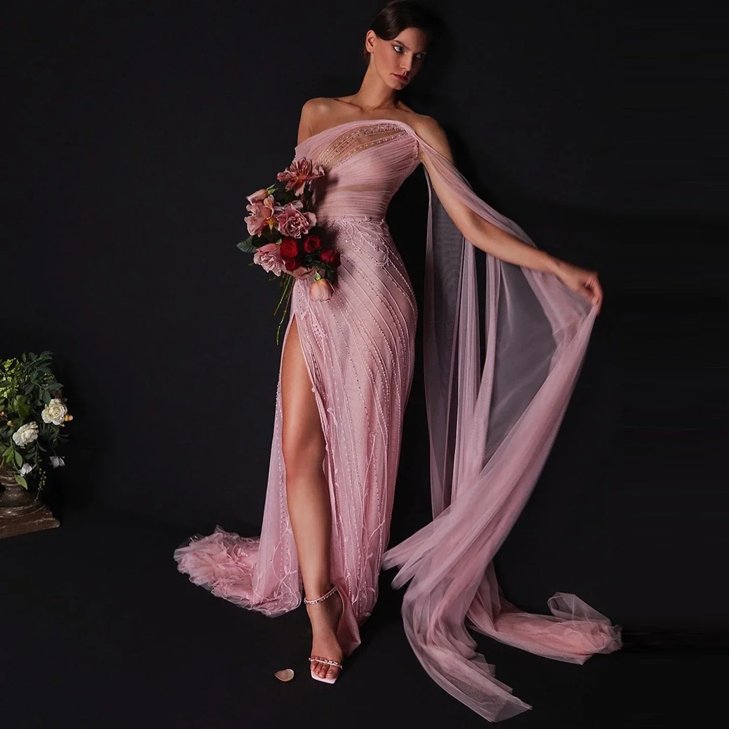 Off-Shoulder Flowing Cape Sleeves High Slit Prom Dress