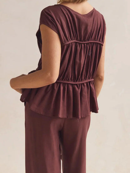 | Ruched Cap Sleeve Peplum Top