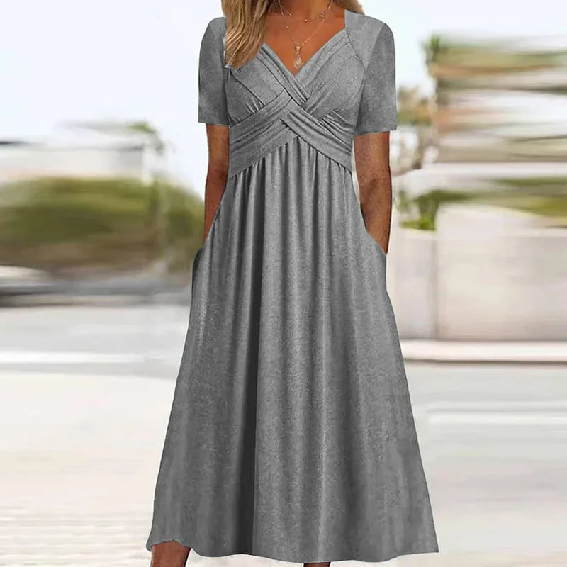 Crossover V-Neck Empire Waist Pocket A-Line Maxi Dress