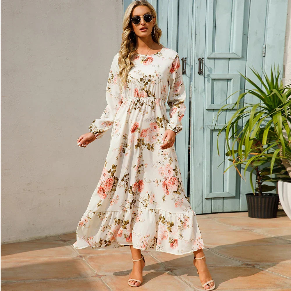 Ditsy Floral Crew Neck Lantern Sleeve Smocked Waist Ruffle Hem Maxi Dress