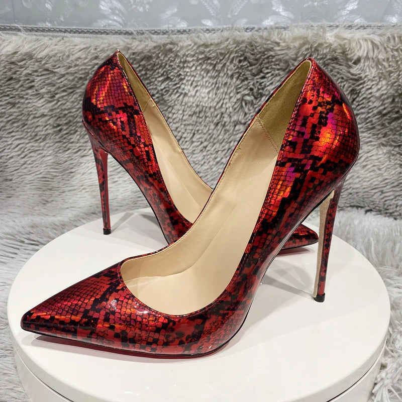 Red Snakeskin Print Women Sexy Pointy Toe High Heel Shoes
