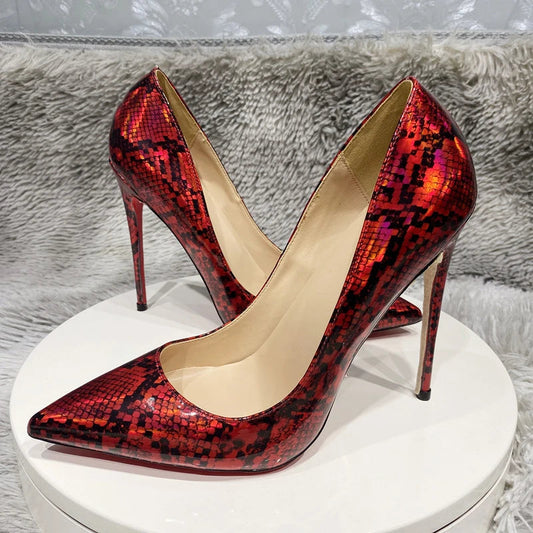 Red Snakeskin Print Women Sexy Pointy Toe High Heel Shoes