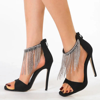 Crystal Fringe Peep Toe Sandals with Zipper and Thin High Heels