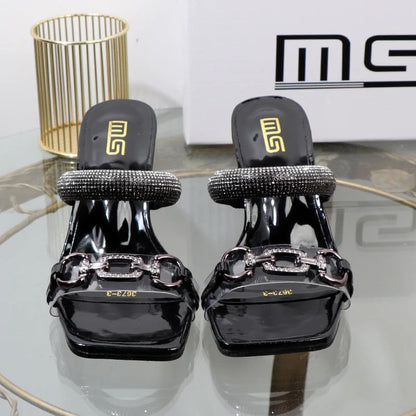 Transparent belt with metal decoration and box-shaped square Alien heel high heels
