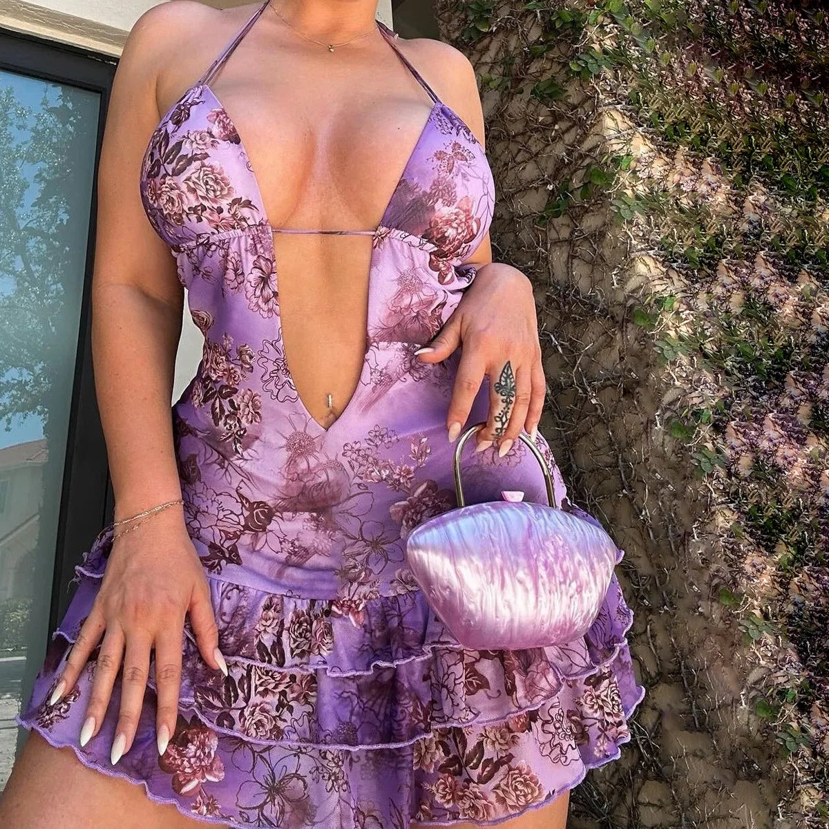 Floral Ruffles Backless Halter Mini Dress