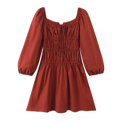 Bow Square Collar Puff Long Sleeve Elastic Waist Mini Dress