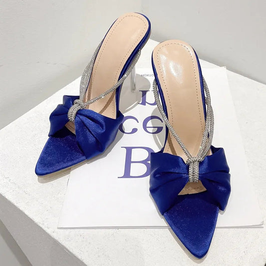 Green Silk Crystal Mule High Heels Slippers Sandals