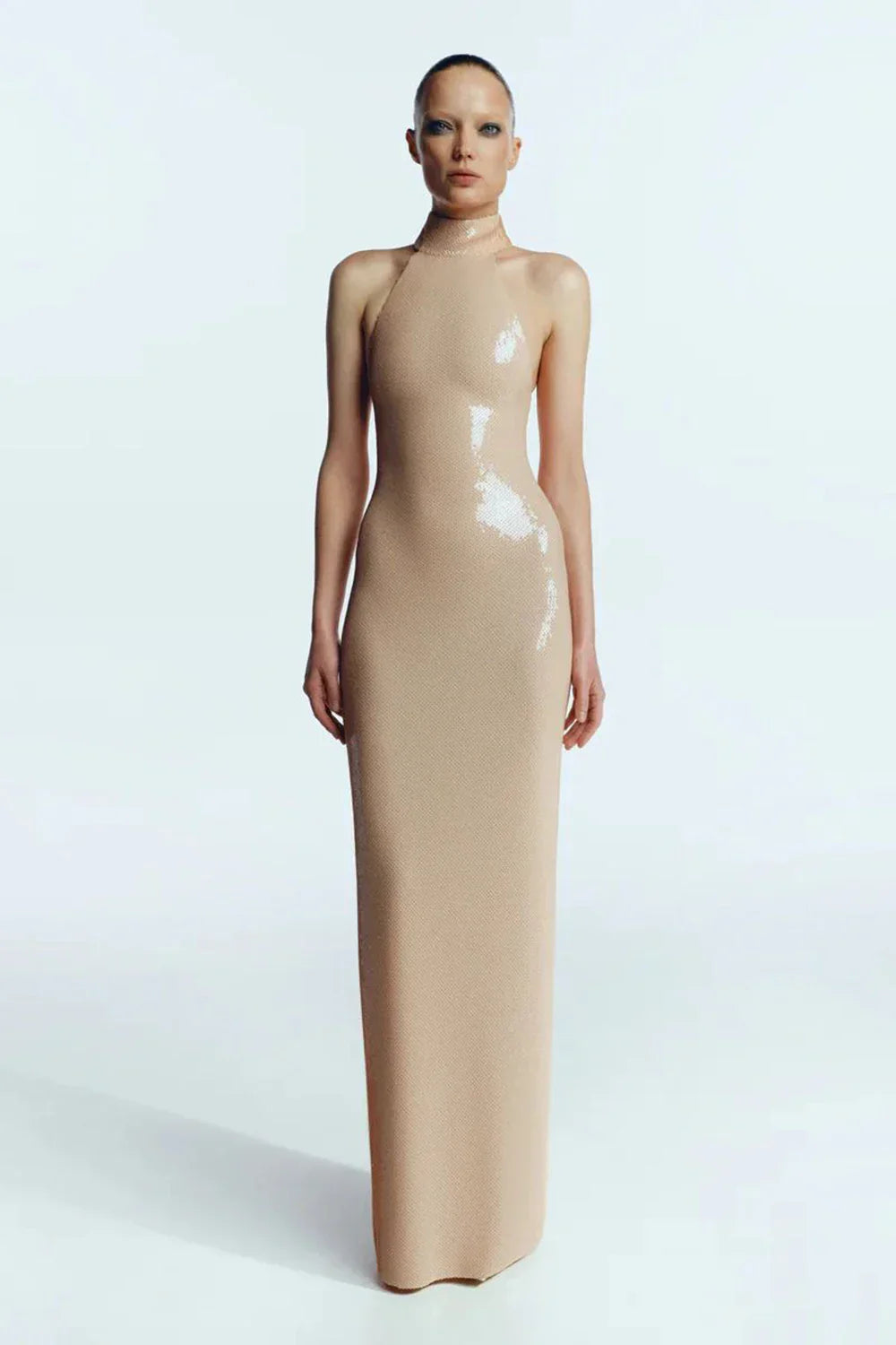 High neck bead wrapped hip skirt slit sequin dress
