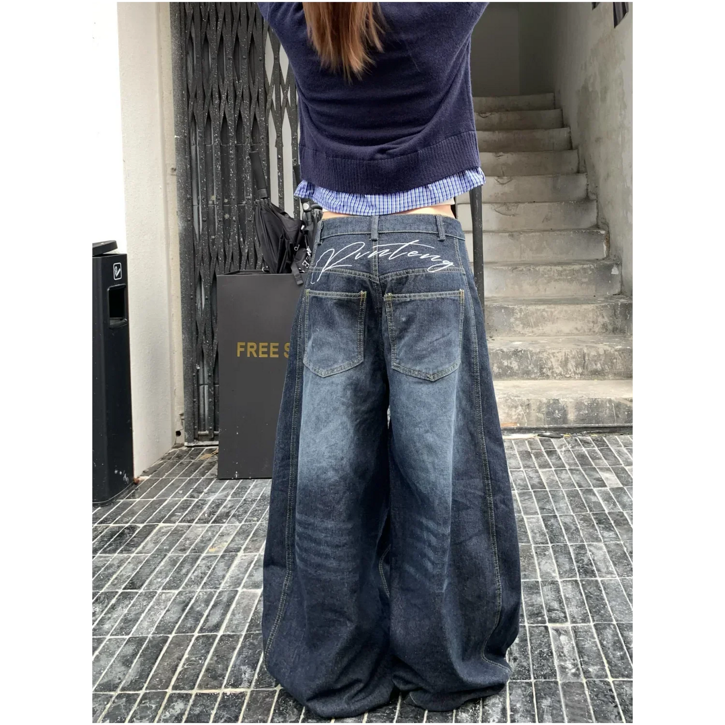 Y2k Letter Embroidery Washed Women Jeans Vintage Harajuku Wide Leg Denim Pants Baggy Gyaru Scimitar Trousers Streetwear