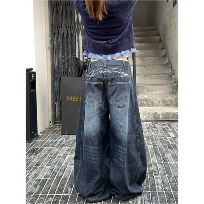 Y2k Letter Embroidery Washed Women Jeans Vintage Harajuku Wide Leg Denim Pants Baggy Gyaru Scimitar Trousers Streetwear