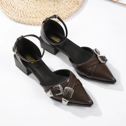 Women's Rhinestone Pointed Shallow Low-Heeled Sandals with Belt Buckle