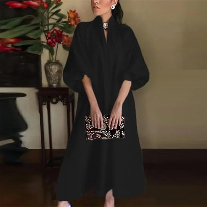 Stand Collar V-Neck Balloon Sleeve Oversized A-Line Maxi Dress