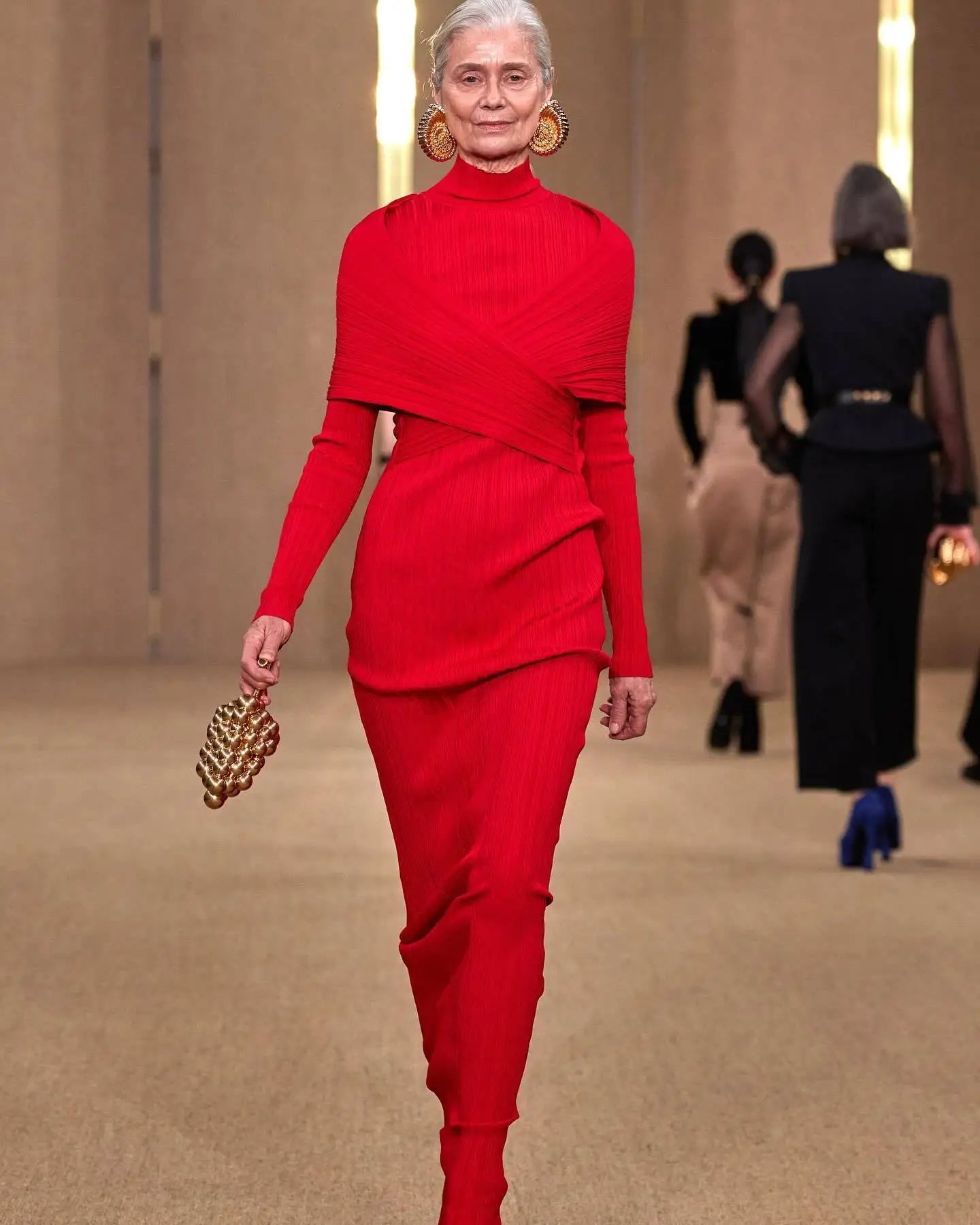 Red Bandage Turtle Neck Cross Design Long Dress
