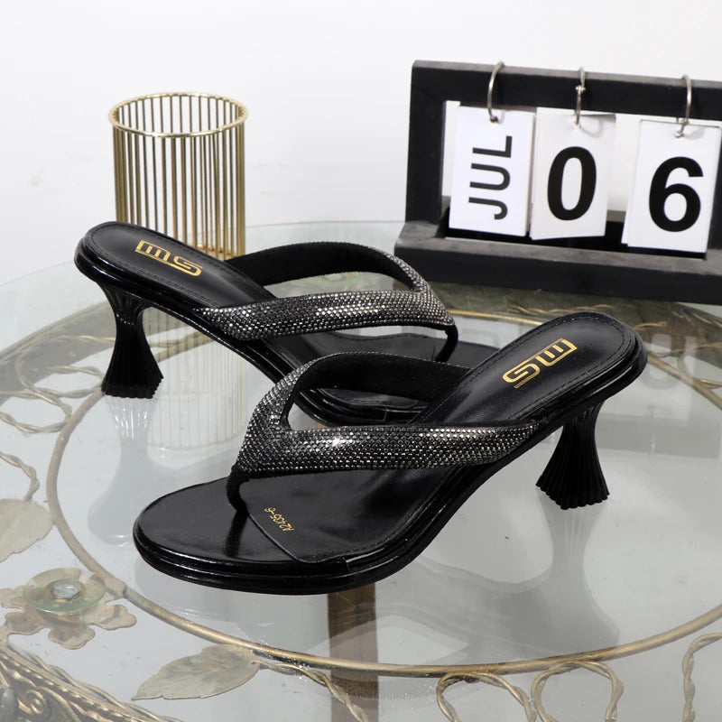Luxurious Golden Stiletto High Heel Flip Flops with Toe Clip for Summer