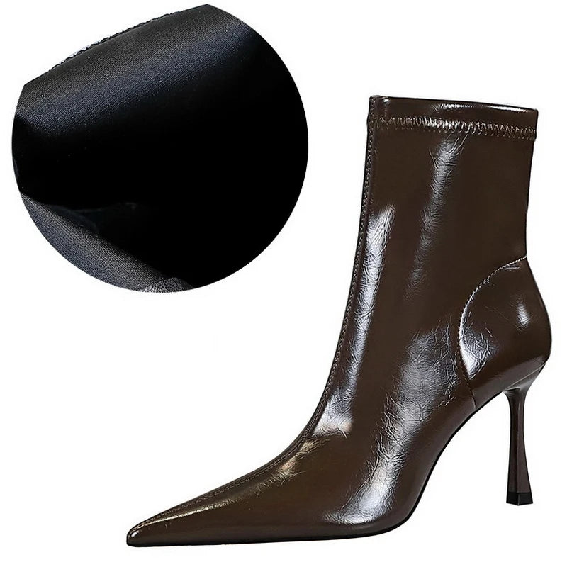 Leather High Heel Boots with Side Zipper and Warm Plush Lining for Winter