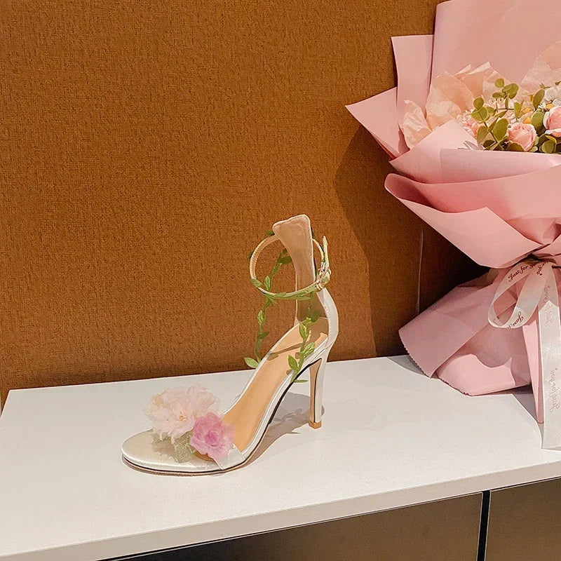 Pink Chiffon Flower Dream High Heels Lace up Sandals