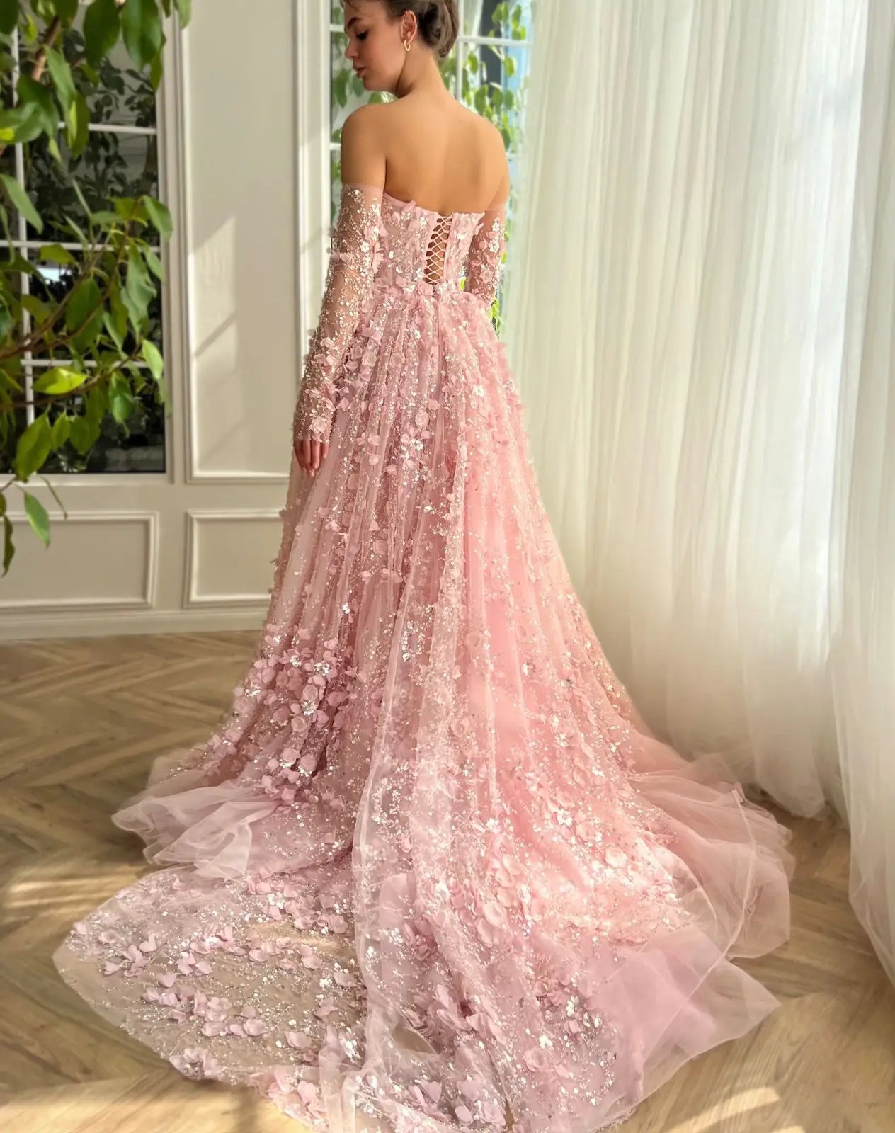 3D Flowers Evening Dress with Overskirt Long Sleeves
