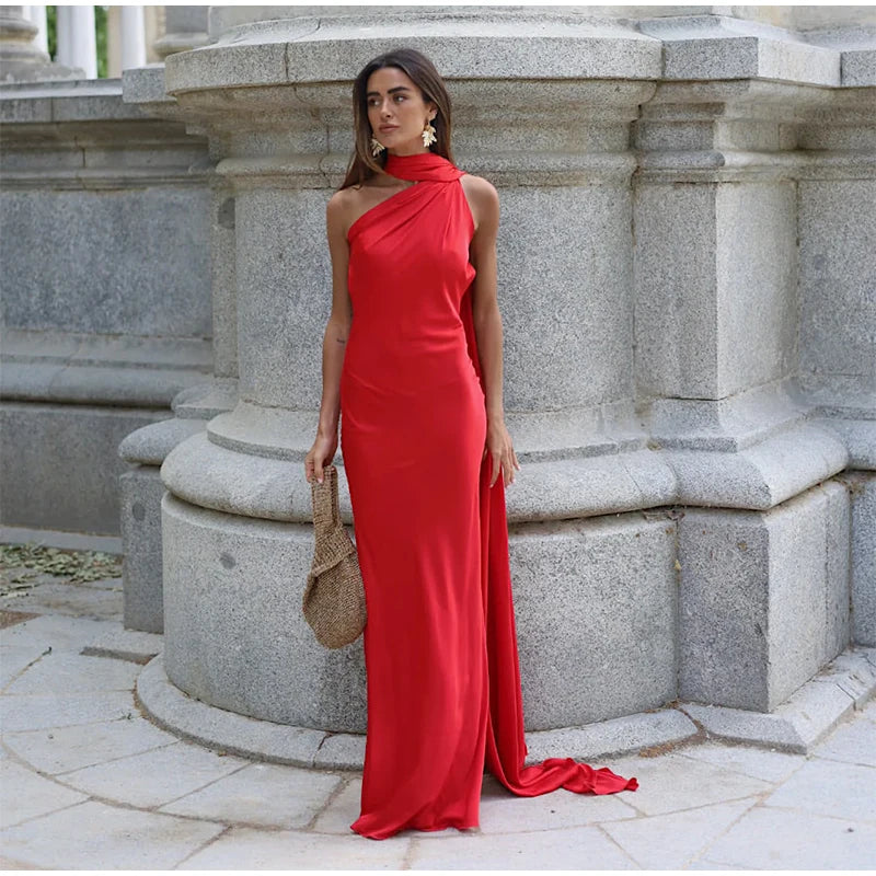 Satin Ribbon Halter Backless Maxi Dress
