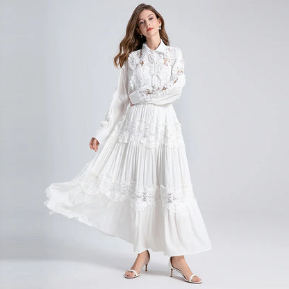 White Lace Maxi Skirt Blouse Set Casual Boho Dress