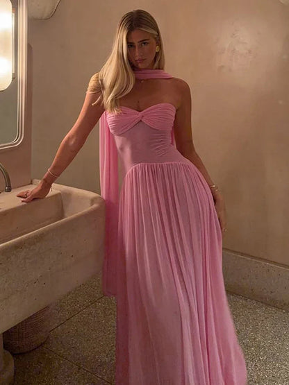 Strapless Mesh Ribbon One-Shoulder Maxi Dress