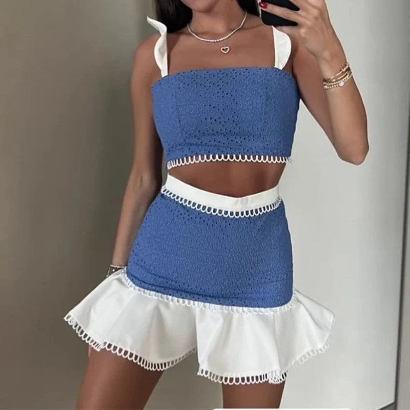 Flying Sleeve Colorblock Skirt Two Piece Set