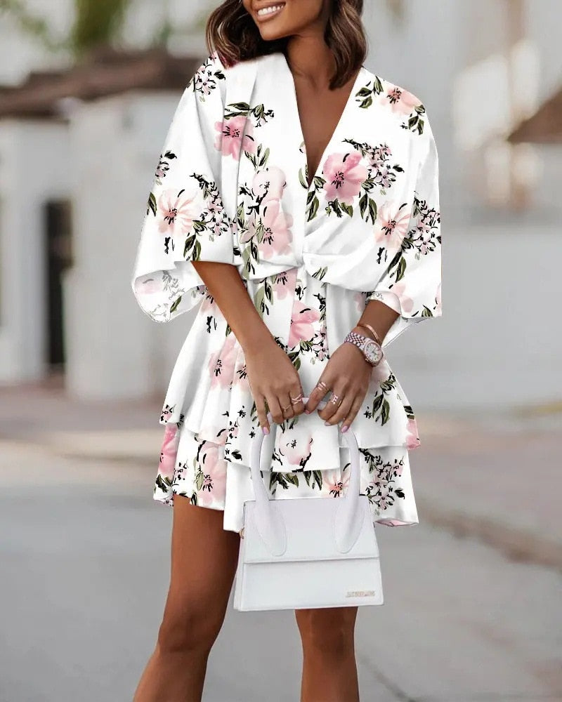 Tropical Floral Print Twist-Waist Kimono Sleeve Tiered Ruffle Mini Dress