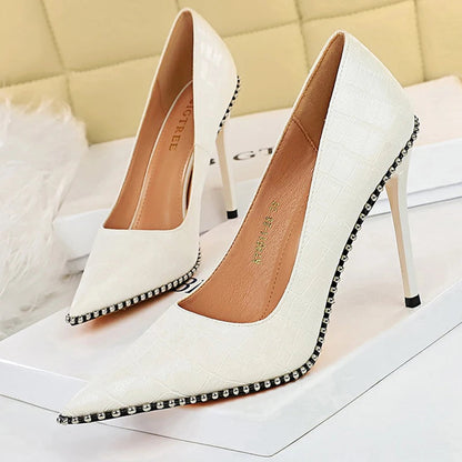 8 Cm Stiletto Pumps with Metal Beads and Kitten Heels for Women