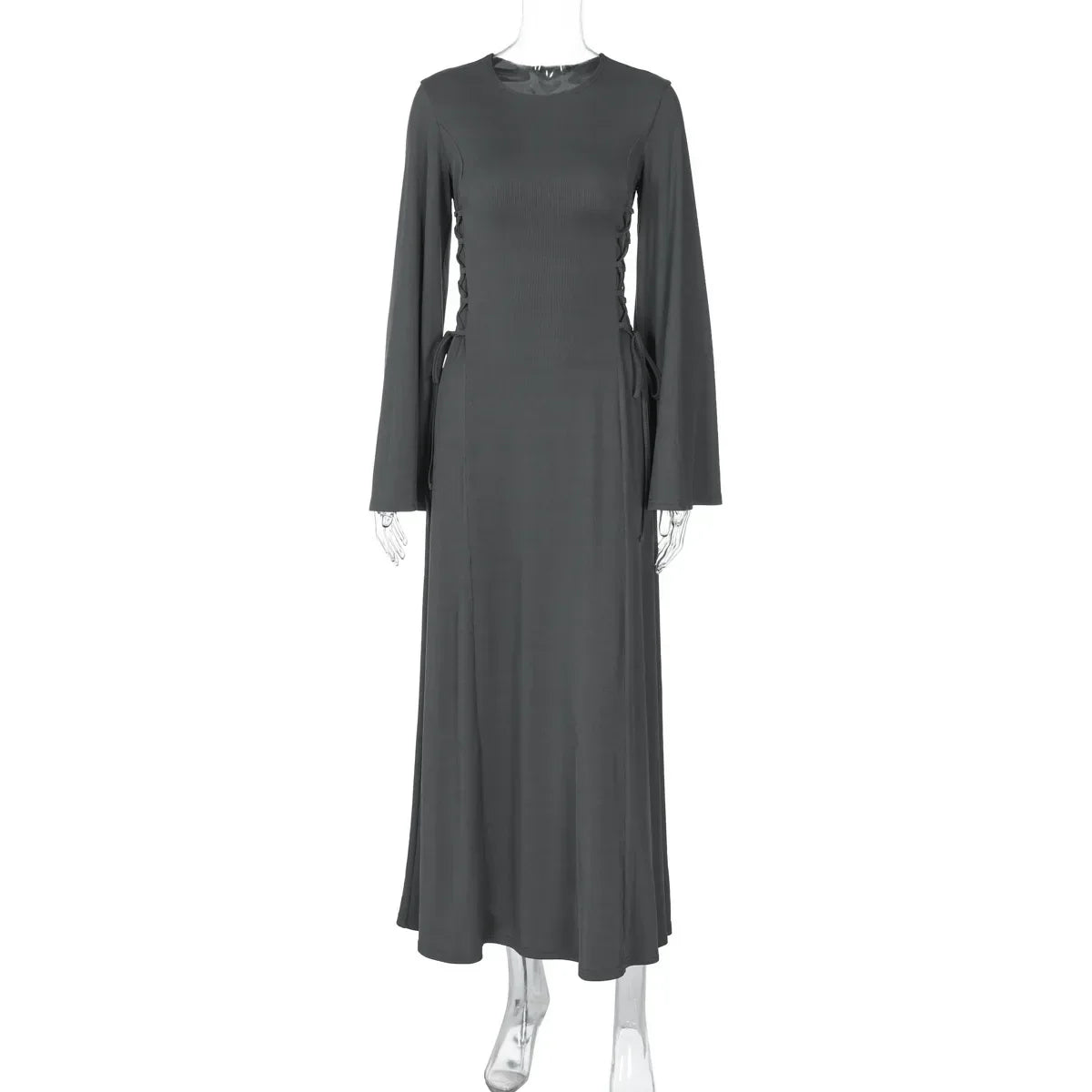 Ribbed Solid Lace-up Long Sleeve Dress
