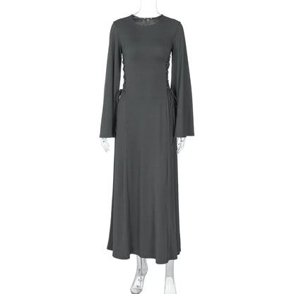 Ribbed Solid Lace-up Long Sleeve Dress