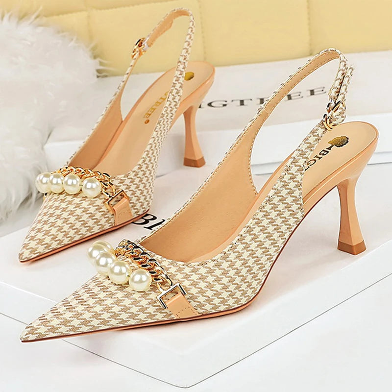 Spring Pearl Metal Chain High-heels Checked Grain Stilettos Women