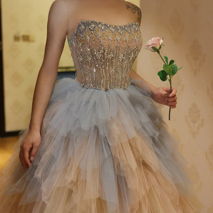 Rose Gold Ruffles Princess Ball Gown Evening Dress