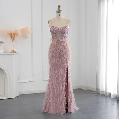 Feathers Spaghetti Straps Side Slit Prom Dress