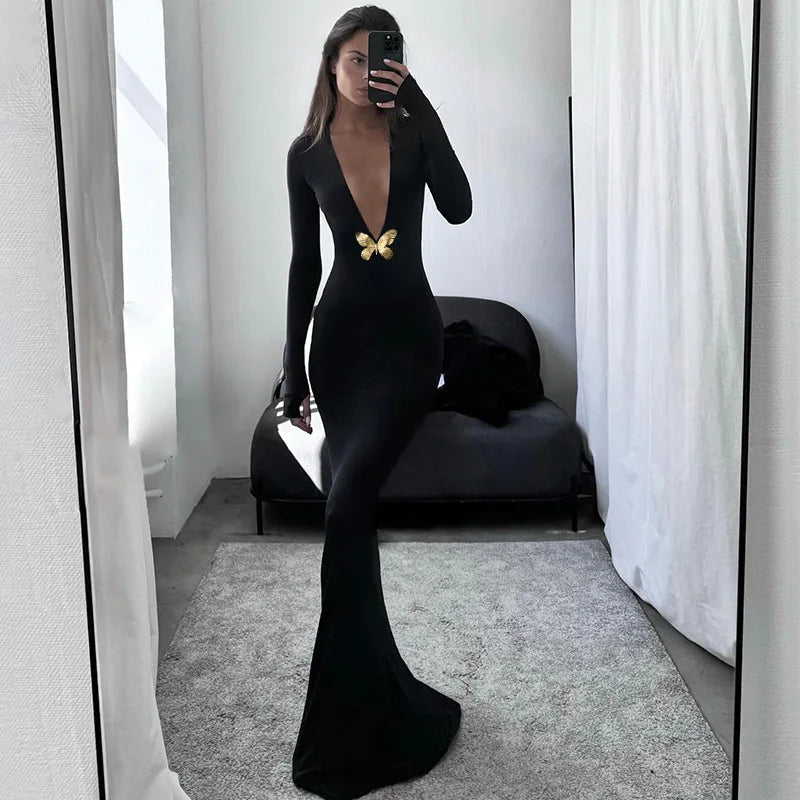 Black Fishtail Dress Dramatic Style with Butterfly