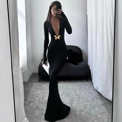 Black Fishtail Dress Dramatic Style with Butterfly