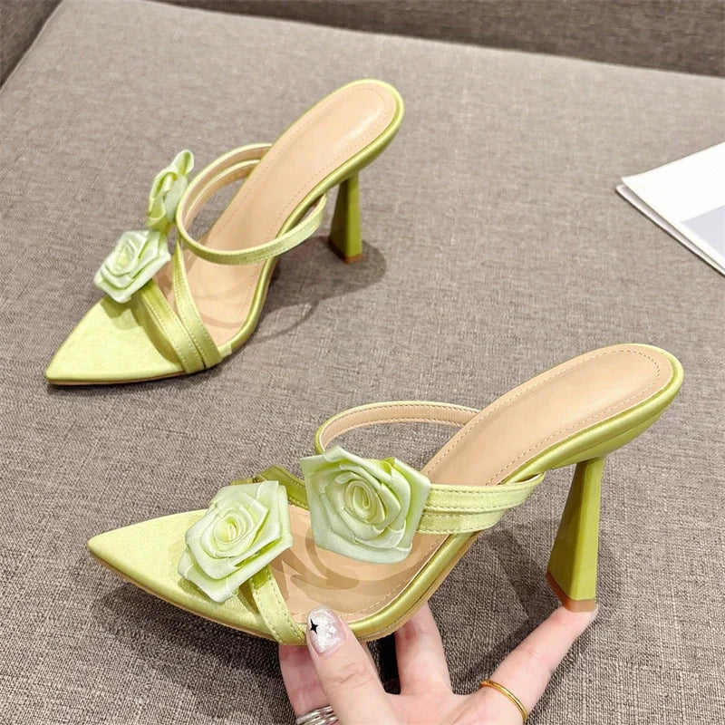 Candy Color Flower Pointed Toe Thin Heel Slippers for Women