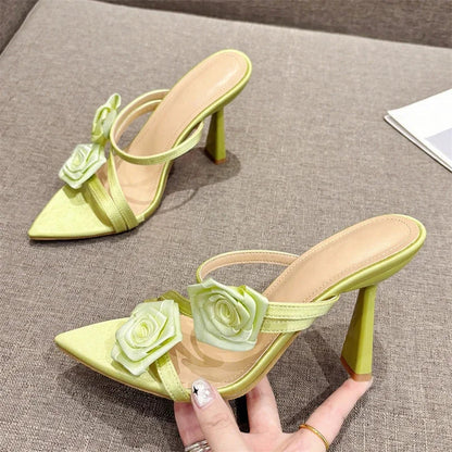 Candy Color Flower Pointed Toe Thin Heel Slippers for Women