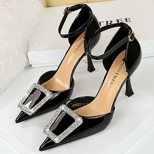 Rhinestone Women Pumps in Patent Leather with High Kitten Heels and Pointed Hollow Design