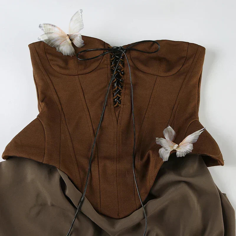 Lace Up Corset Butterfly Applique Draped Waist Maxi Skirt Set