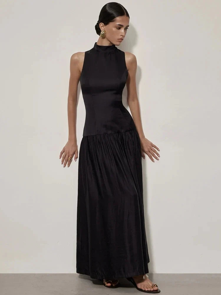 Patchwork Open Back Sleeveless Round Neck Maxi Dress