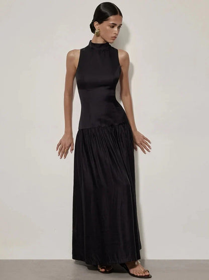 Patchwork Open Back Sleeveless Round Neck Maxi Dress