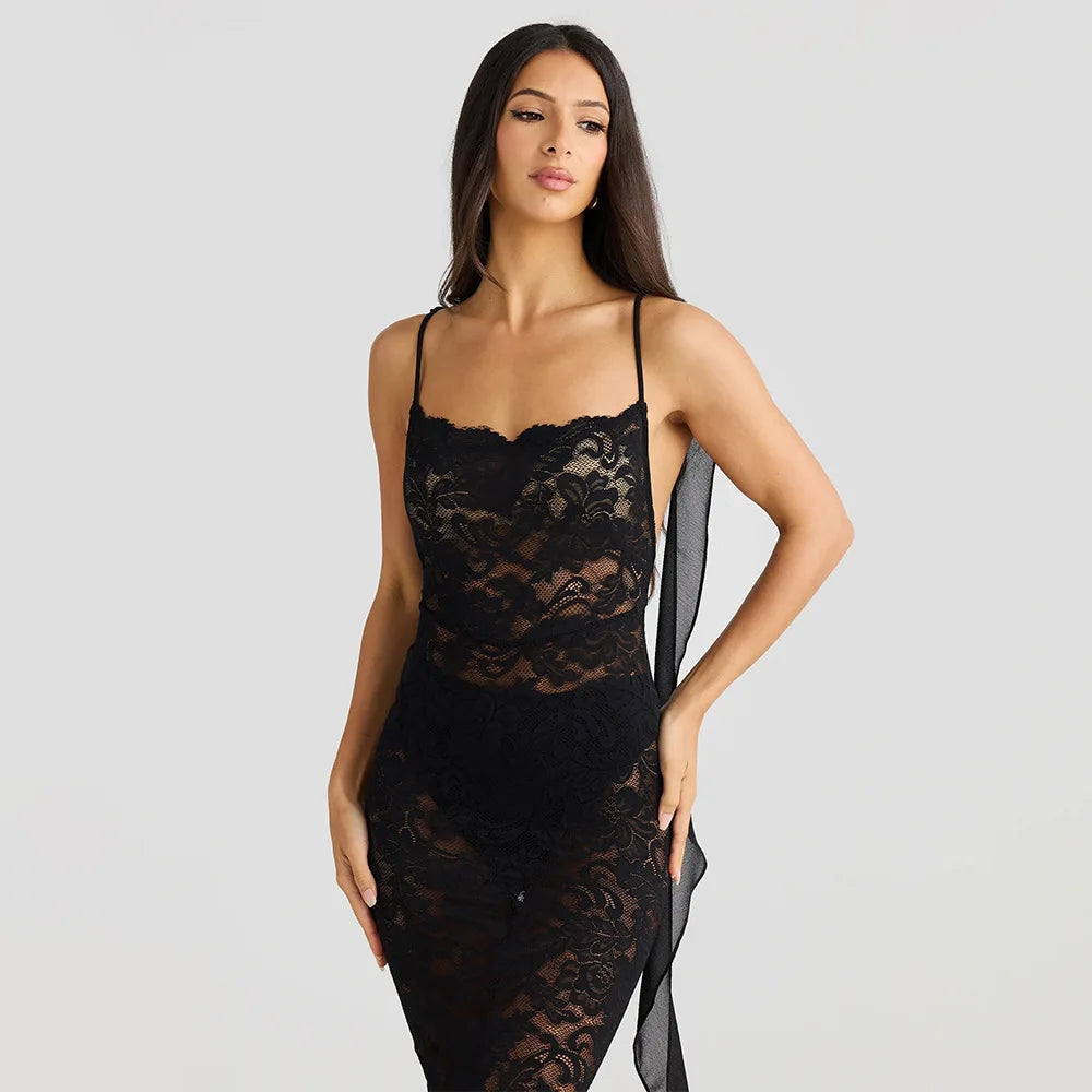 | Backless Lace Mermaid Gown with Chiffon Streamers