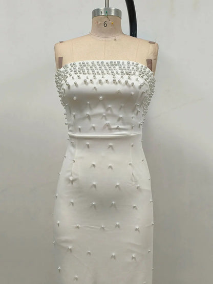 Pearl Design Bandage Strapless Long Dress