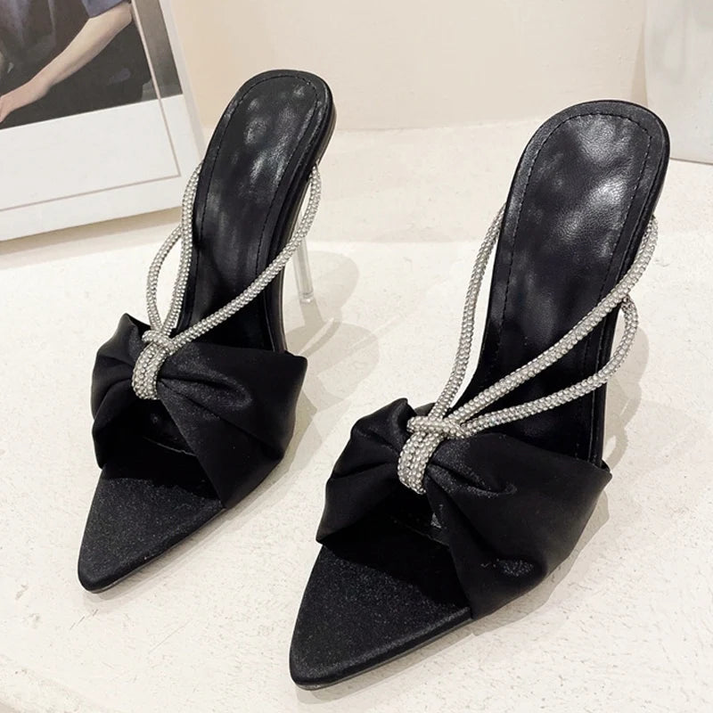 Green Silk Crystal Mule High Heels Slippers Sandals